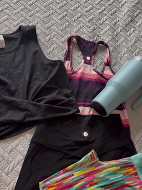 Lululemon Black Athletic Tank & Striped Racerback Set - Pink Purple Accents